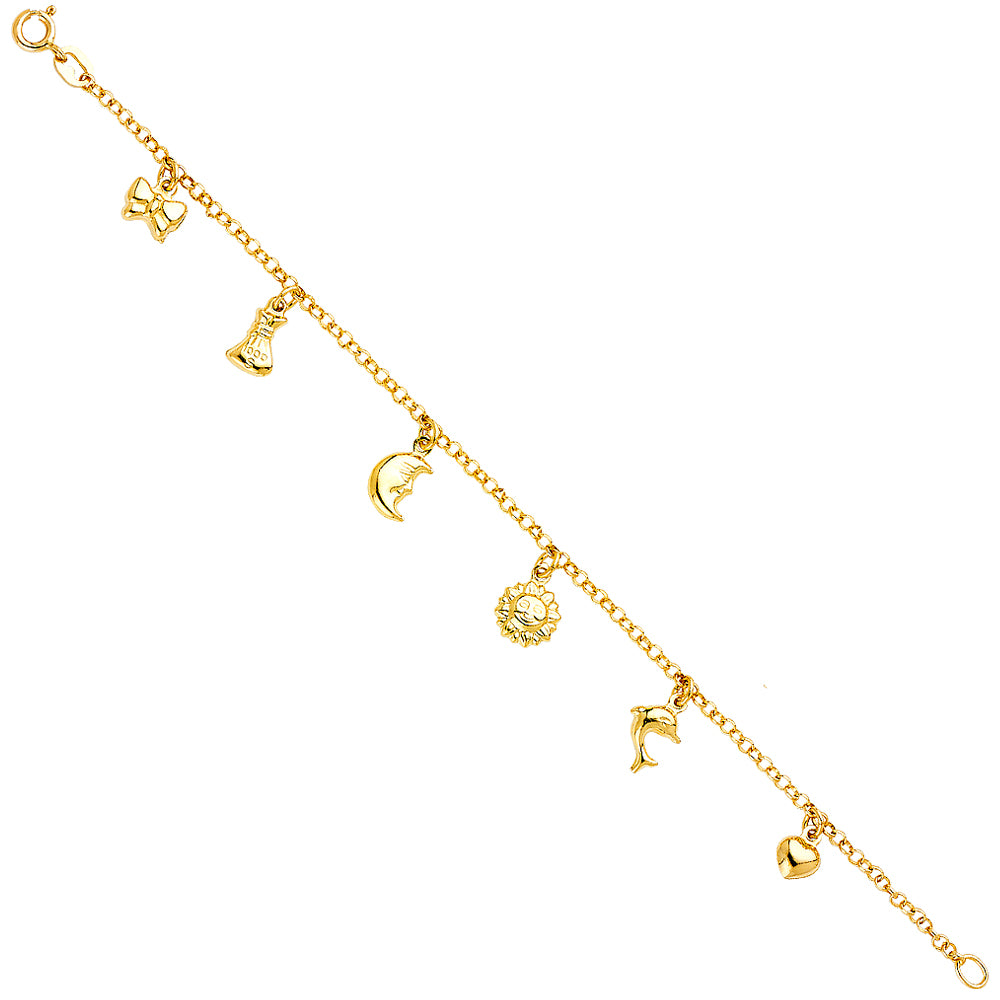 14K gold charm bracelet with 3D pendants including bow, money bag, moon, sun, dolphin, and heart, 7 inches.
