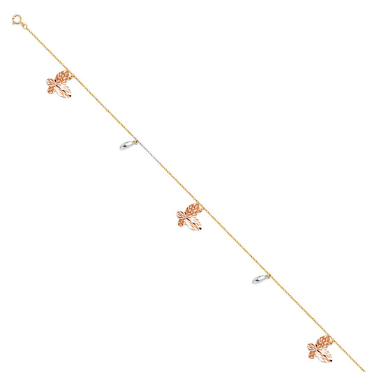 14K gold tri-color butterfly anklet with rose gold butterflies and white/yellow gold diamond-cut beads on an adjustable chain, 9 to 10 inches.