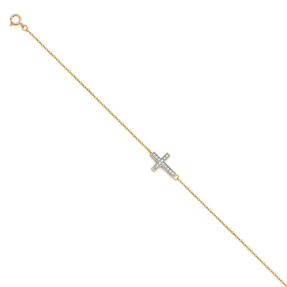 14K Gold Sideways Cross CZ Bracelet