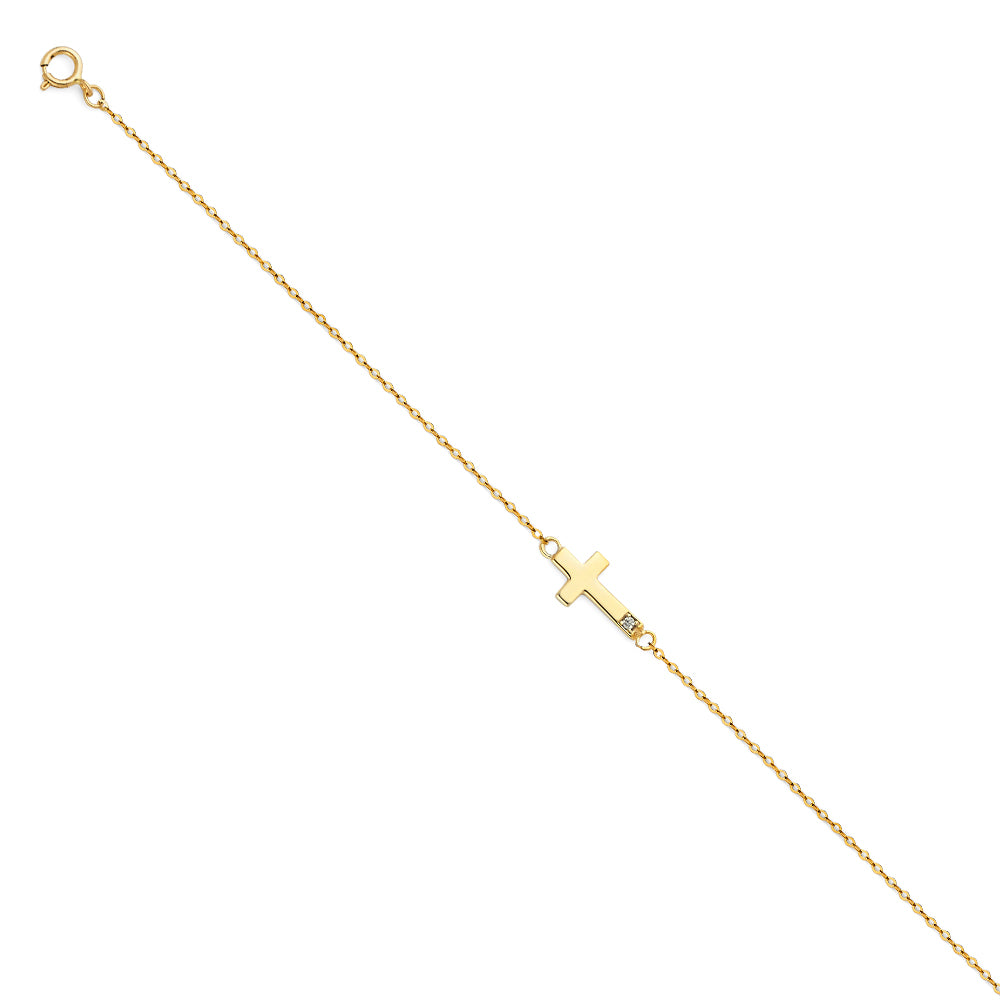 14K Gold Sideways Cross Bracelet with CZ Accents