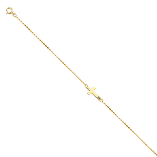 14K Gold Sideways Cross Bracelet with CZ Accents