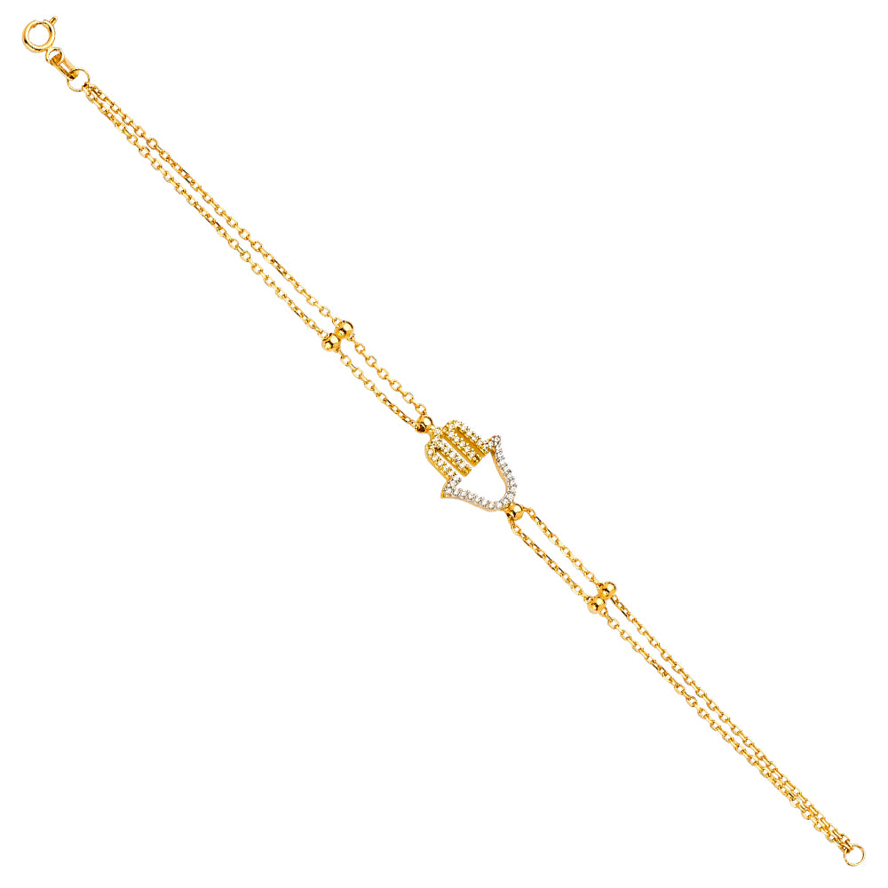 14K Gold Double Chain Hamsa Bracelet with CZ