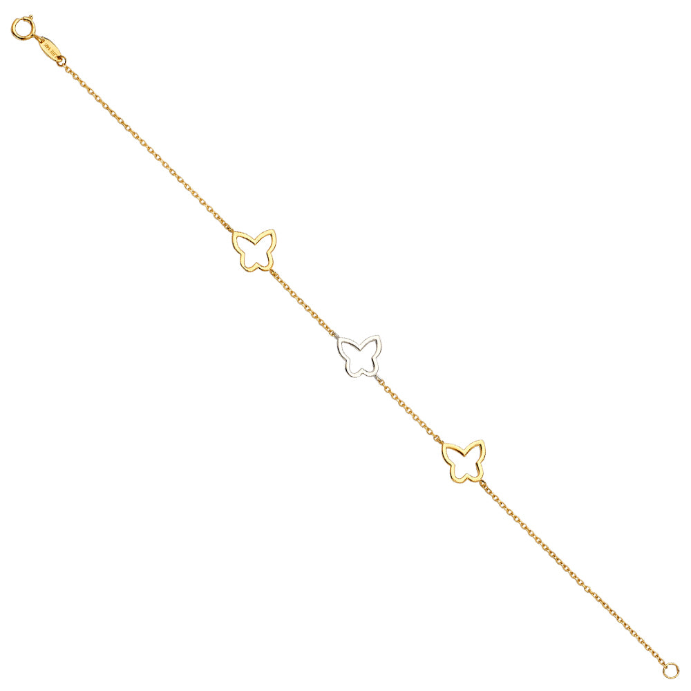 14K gold two-tone butterfly bracelet with yellow and white gold butterfly charms on a delicate chain, adjustable 7 to 8 inches.
