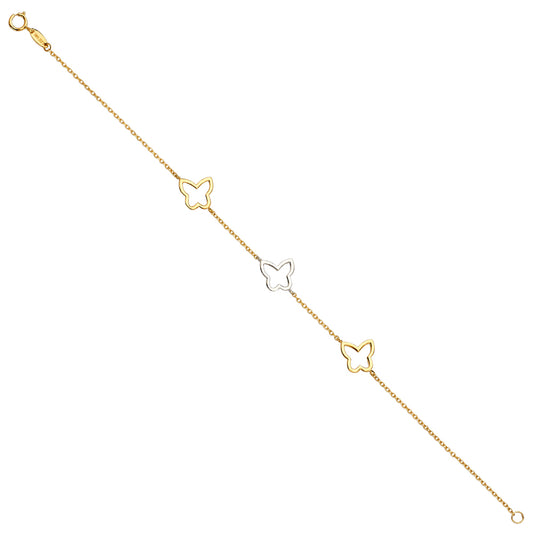 14K gold two-tone butterfly bracelet with yellow and white gold butterfly charms on a delicate chain, adjustable 7 to 8 inches.