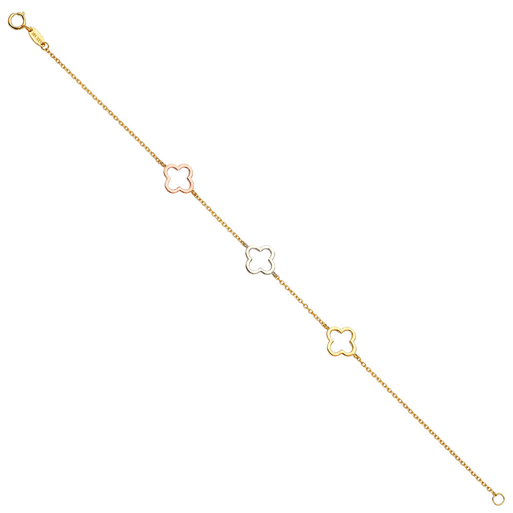 14K gold tri-color clover bracelet with yellow, white, and rose gold open clovers on a delicate chain, adjustable 7 to 8 inches.