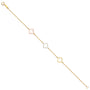 14K gold tri-color clover bracelet with yellow, white, and rose gold open clovers on a delicate chain, adjustable 7 to 8 inches.