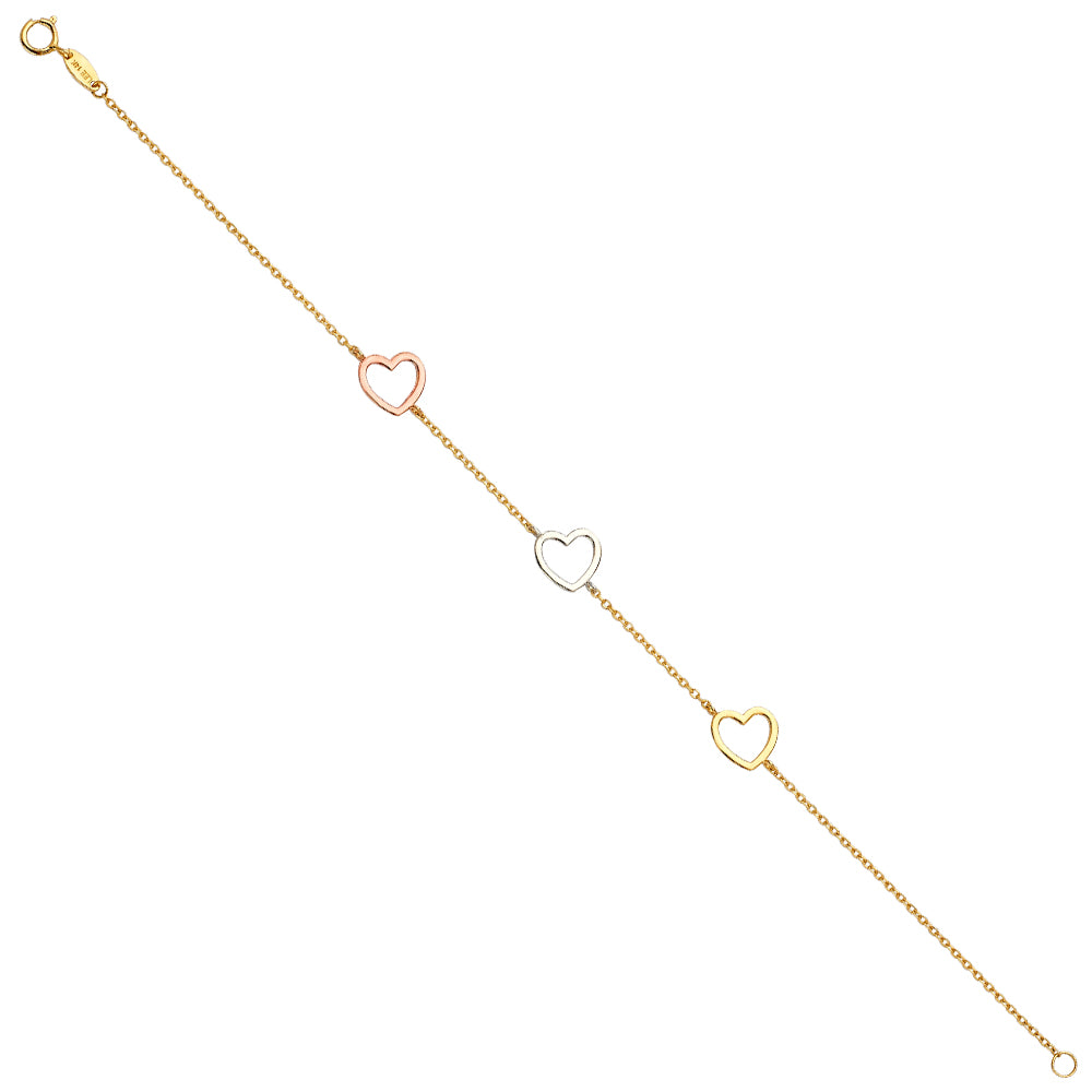14K gold tri-color heart bracelet with yellow, white, and rose gold open hearts on a delicate chain, adjustable 7 to 8 inches.
