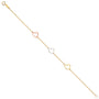 14K gold tri-color heart bracelet with yellow, white, and rose gold open hearts on a delicate chain, adjustable 7 to 8 inches.
