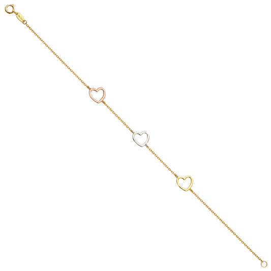 14K gold tri-color heart bracelet with yellow, white, and rose gold open hearts on a delicate chain, adjustable 7 to 8 inches.