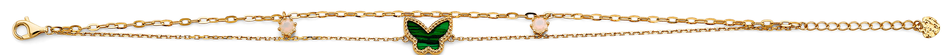 14K gold green butterfly bracelet with double chain design, accented with pink stones, adjustable 7 to 8 inches