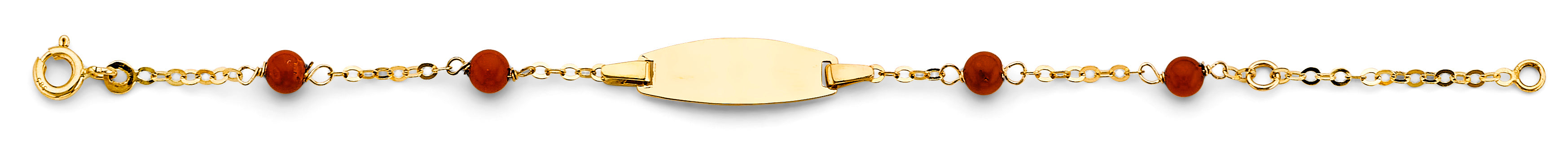 14K yellow gold baby ID bracelet with red coral beads, engravable ID plate, 4.5+1 inch adjustable infant bracelet, fine gold jewelry gift.