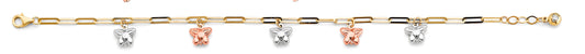 14K gold tri-color butterfly paperclip chain bracelet or anklet with yellow, white, and rose gold charms, adjustable fit.