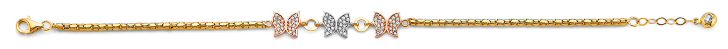 14K gold tri-color butterfly bracelet with cubic zirconia, featuring rose, white, and yellow gold butterflies on an adjustable chain, 7 to 8 inches.