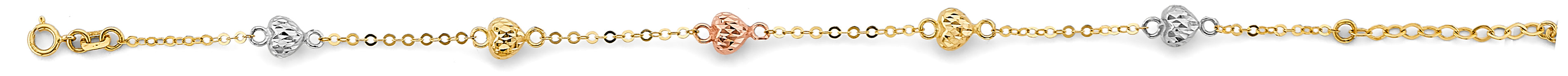 14K gold tri-color diamond-cut heart bracelet with yellow, white, and rose gold textured hearts on an adjustable chain, 7 to 8 inches.