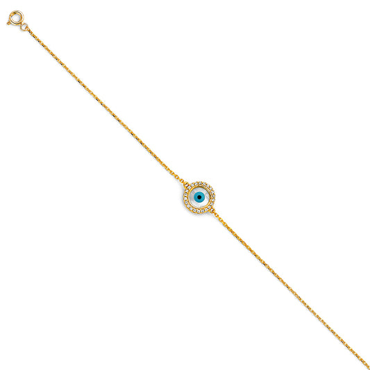 Pulsera redonda de oro macizo de 14 quilates con circonita cúbica de mal de ojo, 7+1'