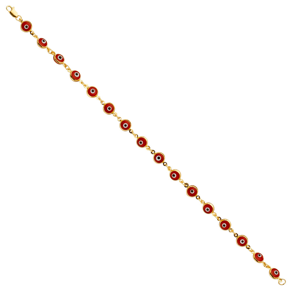 14K Solid Gold Red Evil Eye Bracelet 7.25"