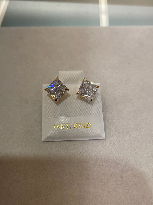 14K Gold 7mm Square CZ Earrings