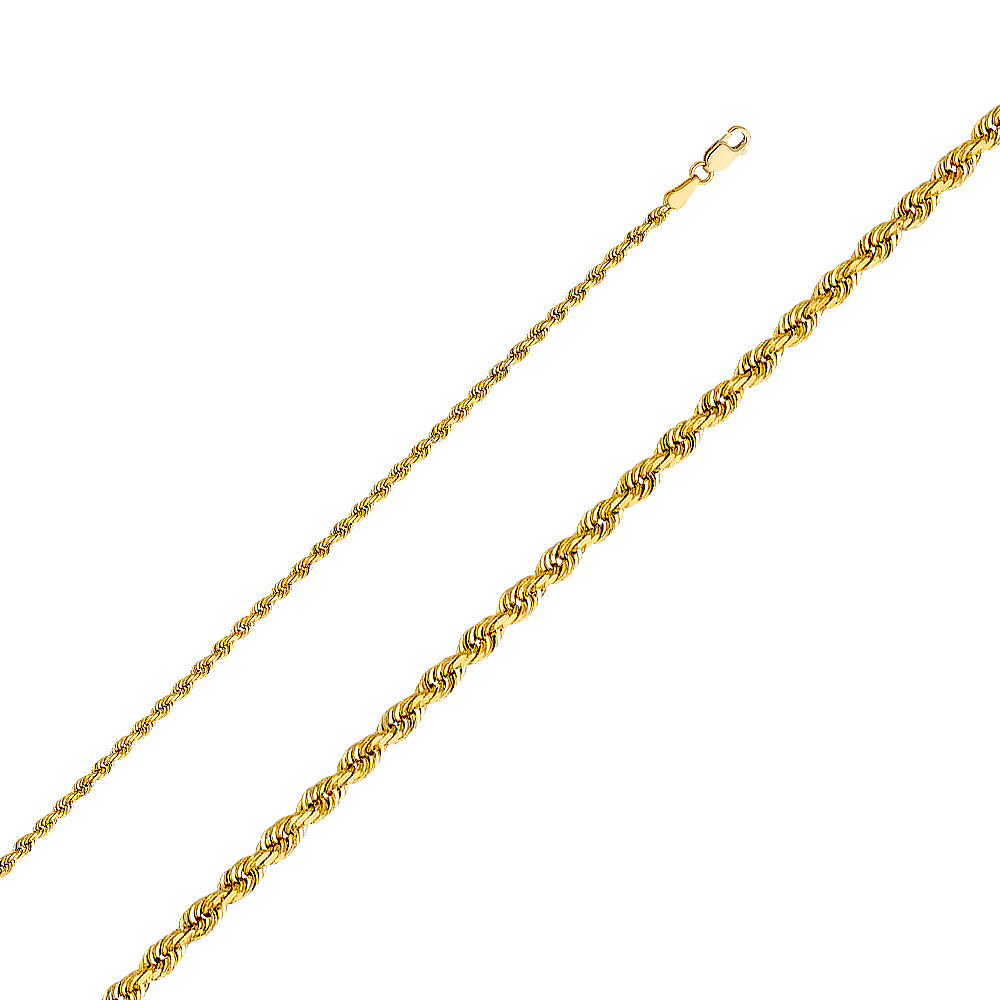 Cadena de cuerda maciza de oro de 14 k de 2,4 mm