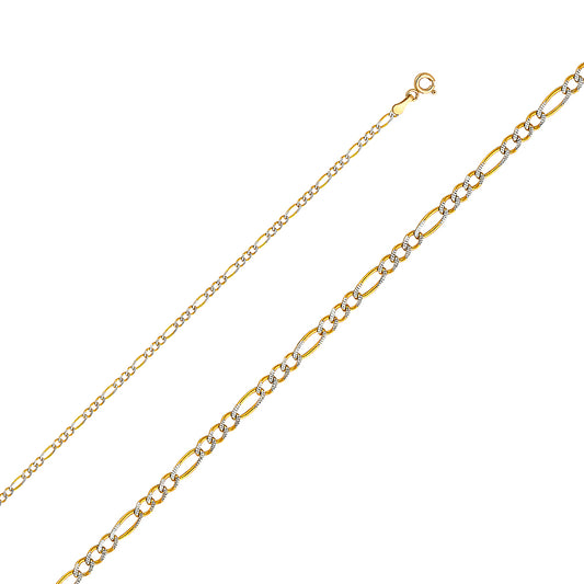 Cadena Figaro de oro macizo de 14 quilates con talla de diamante, 2,1 mm