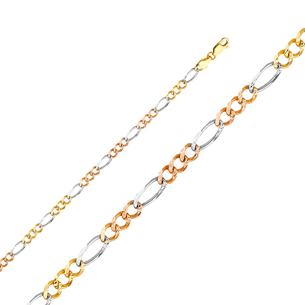 14K Solid Gold 4.6mm 3 Colors Figaro Bracelet 7.5"