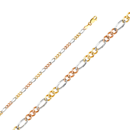 14k solid gold 3.7mm 3 colors figaro bracelet 7"