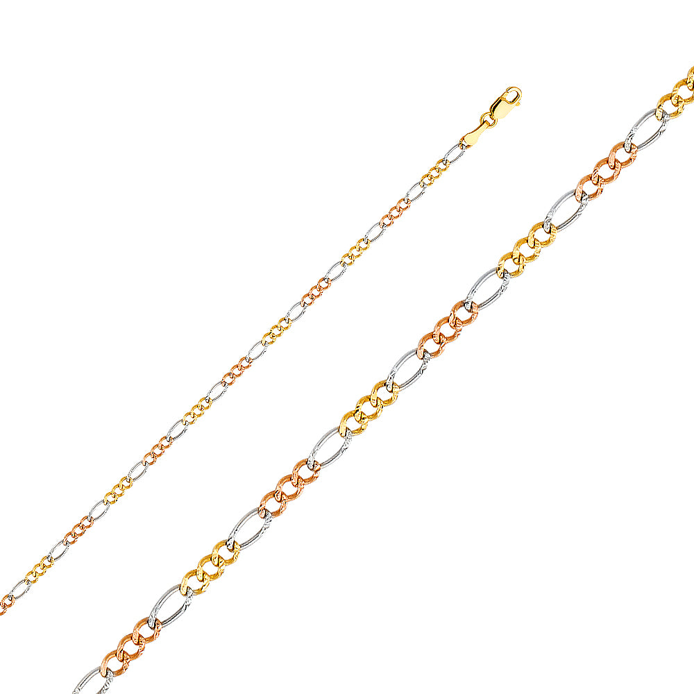 14K Solid Gold 3 Colors Figaro Chain 2.6mm