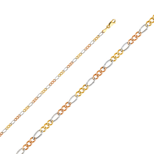 14k solid gold 2.6mm 3 colors figaro bracelet 7"