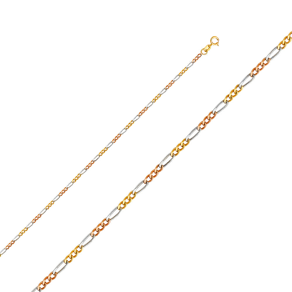 Cadena Figaro de oro macizo de 14 quilates de 3 colores, 1,8 mm