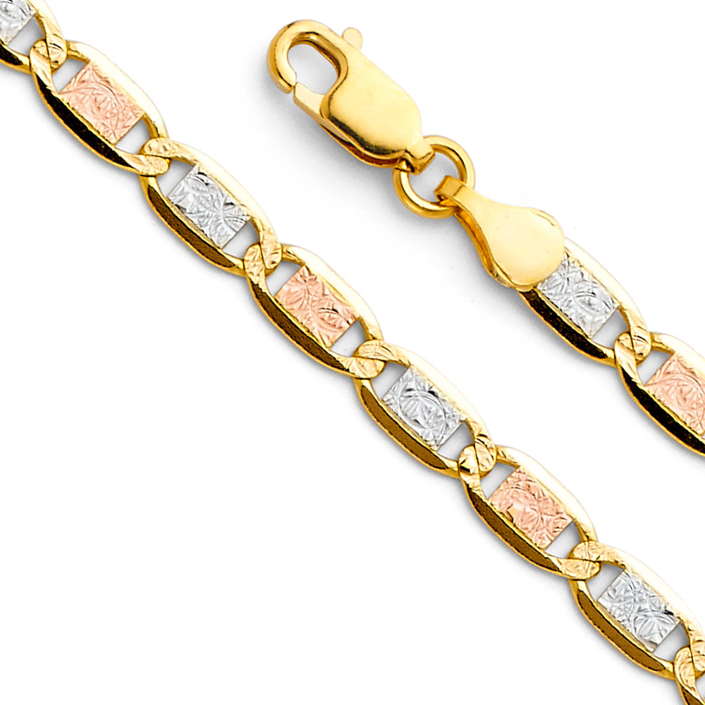 Pulsera Valentino de oro macizo de 14 quilates, 3 colores, 4,2 mm, 7,5"