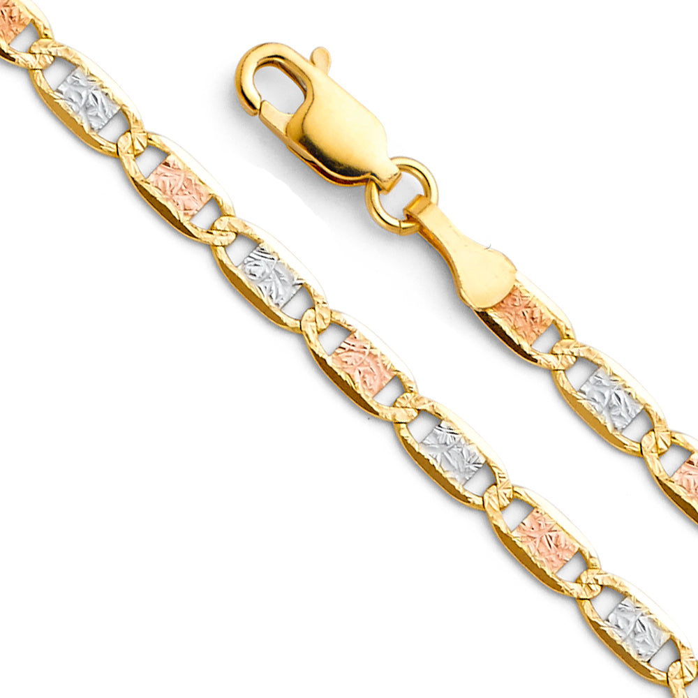 14K Solid Gold 3 Colors 3.3mm Valentino Bracelet 7.5"