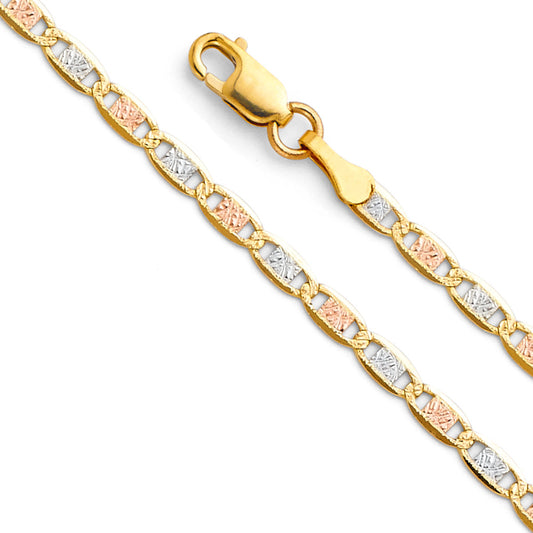 14K Solid Gold 3 Colors 2.6mm Valentino Bracelet 7"