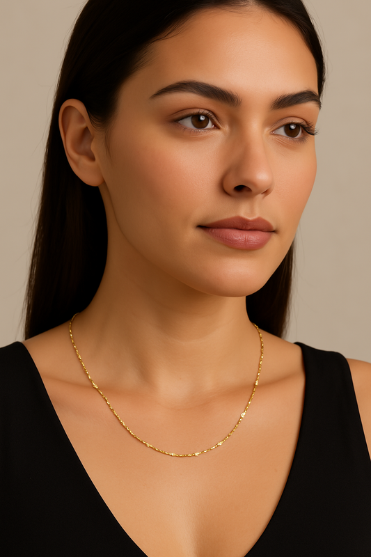 14k gold 1.3mm singapore stamp bar chain necklace (0480)