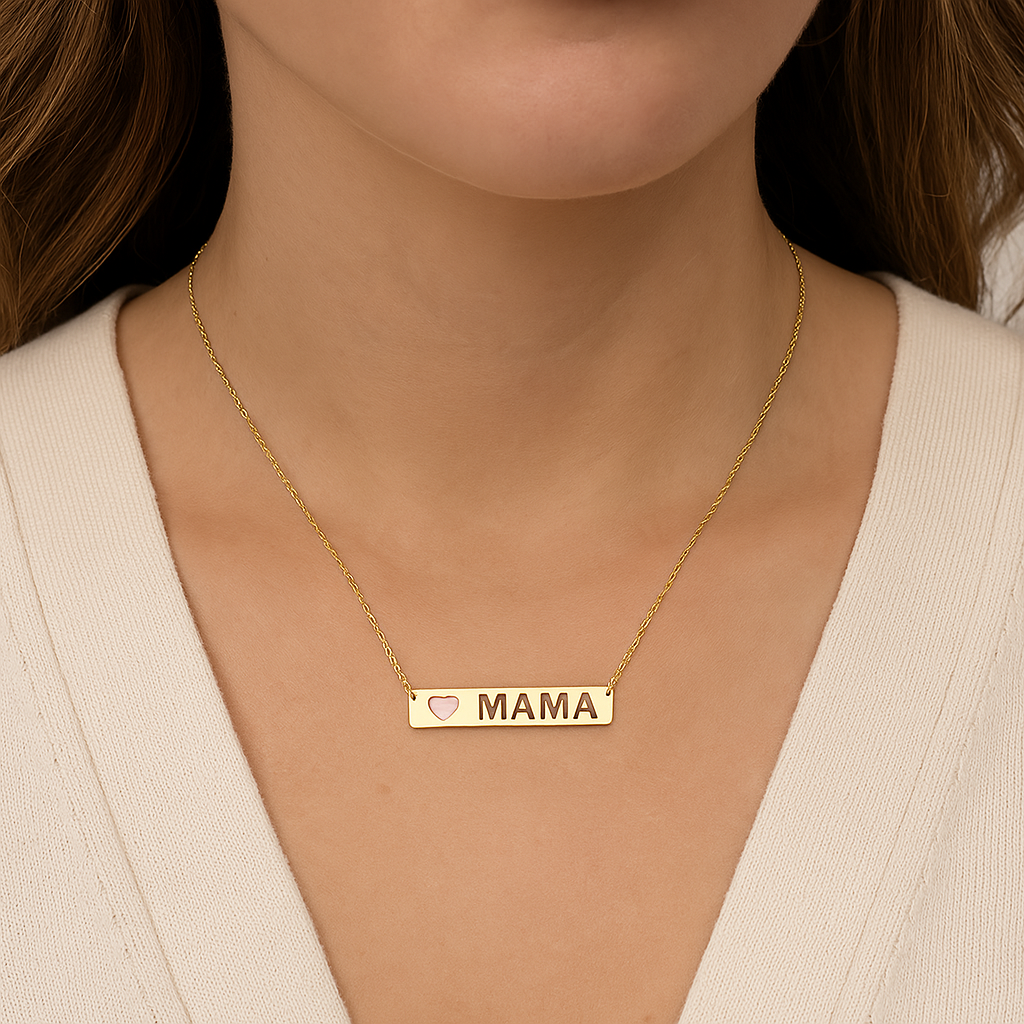 14k gold mama necklace – pink heart