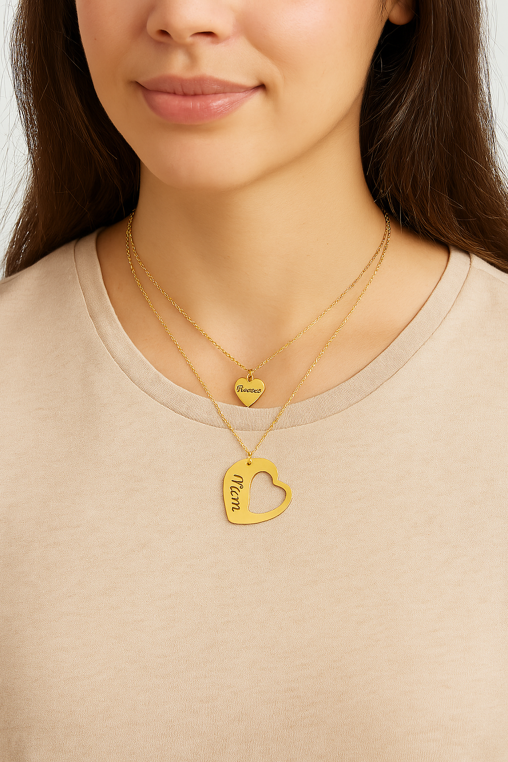 14k gold mom & daughter heart necklace