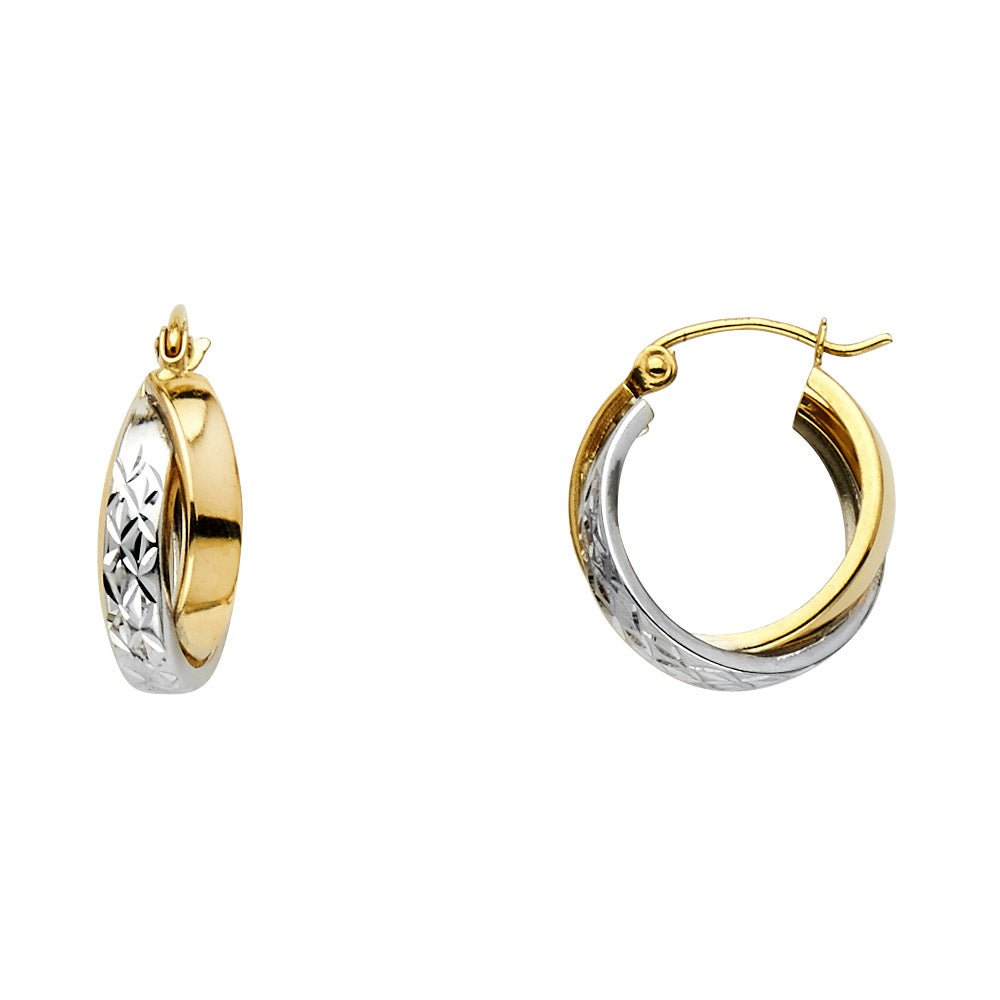 14K two-tone diamond-cut hoop earrings with yellow and white gold design, 16mm, lightweight and polished finish