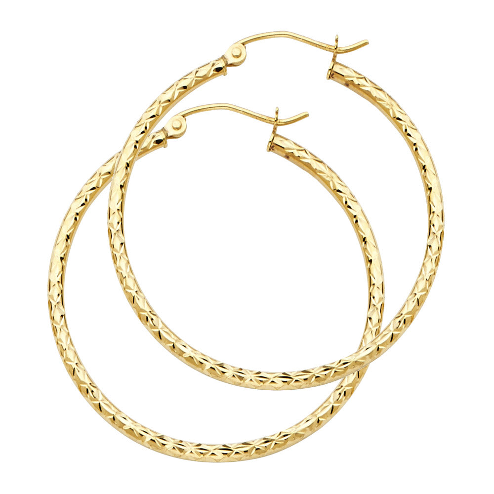 14k gold diamond cut round hoop earrings