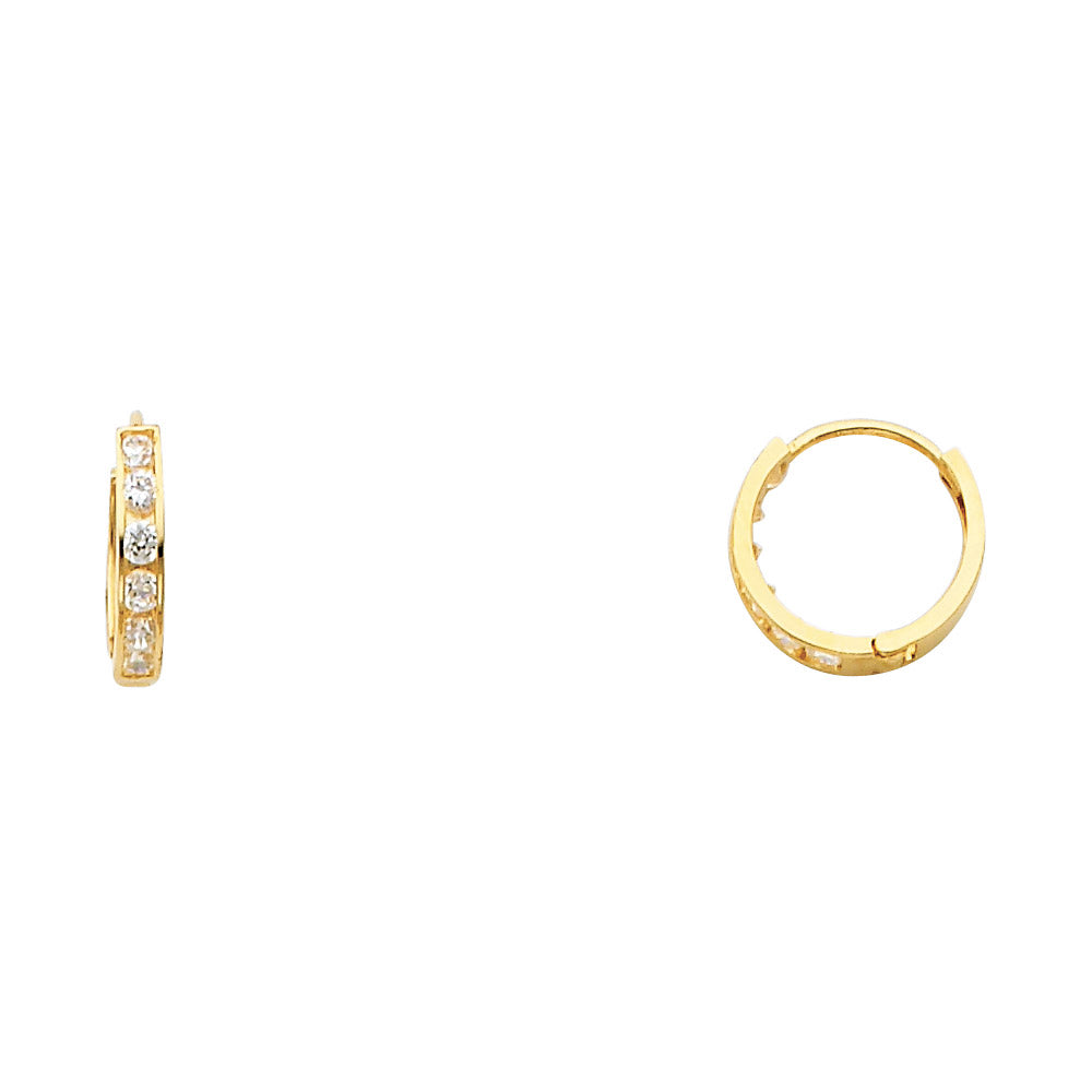 14K yellow gold 11mm CZ huggie hoop earrings with row of cubic zirconia, dainty lightweight gold huggies for women and girls.