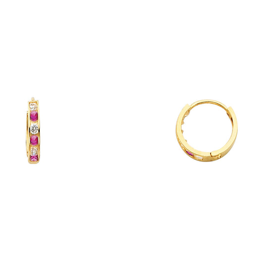 14K Gold Pink & White CZ Huggie Earrings