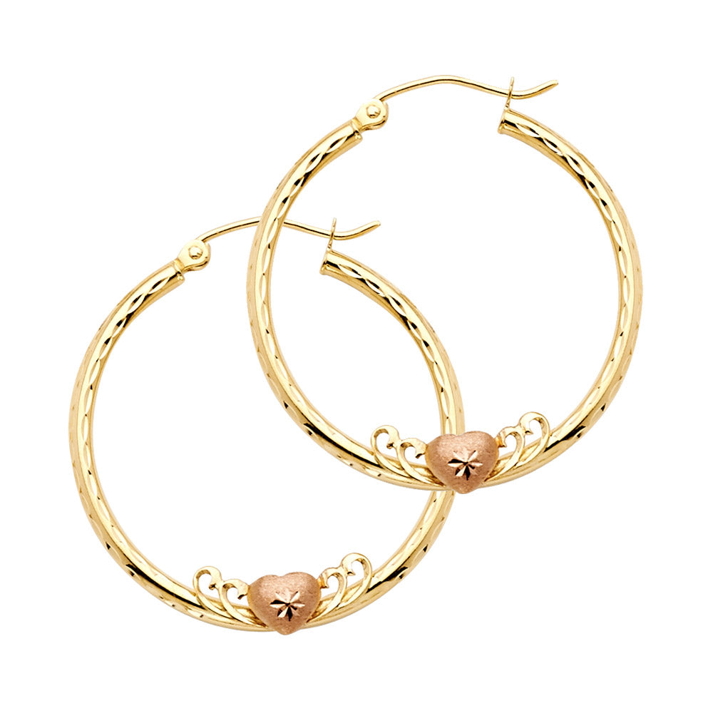 Aretes de aro con detalle de corazón en dos tonos de oro de 14 quilates (015)