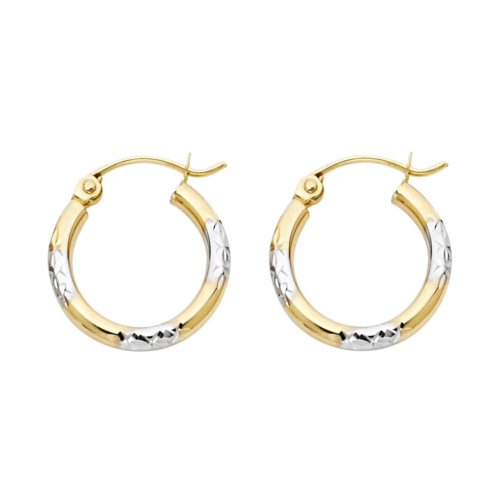 14K two-tone 15mm diamond-cut hoop earrings, yellow and white gold lightweight hoops with latch back closure, classic fine jewelry.
