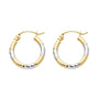 14K two-tone 15mm diamond-cut hoop earrings, yellow and white gold lightweight hoops with latch back closure, classic fine jewelry.