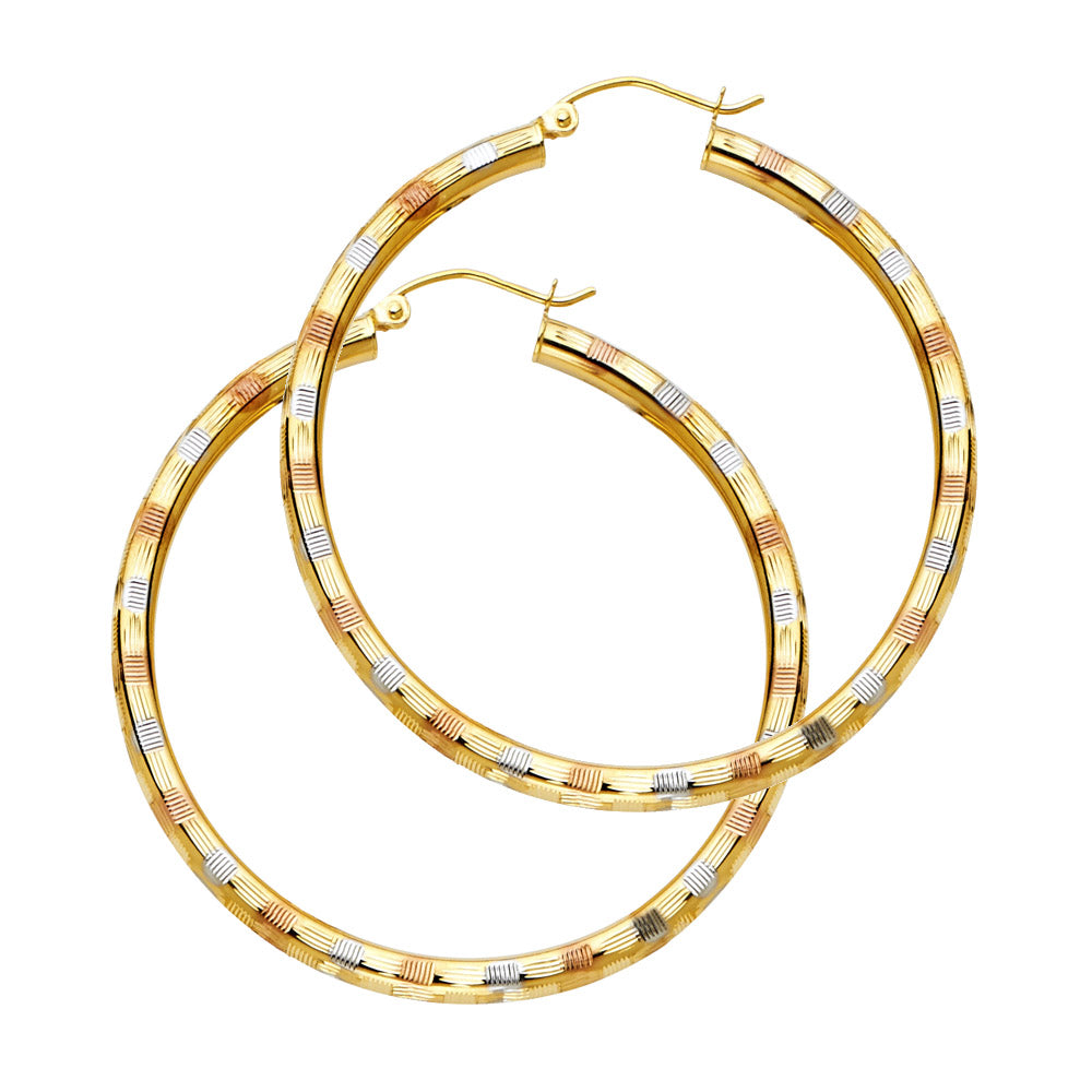 Tricolor Spark – 14K Gold Diamond-Cut Hoops | 45mm