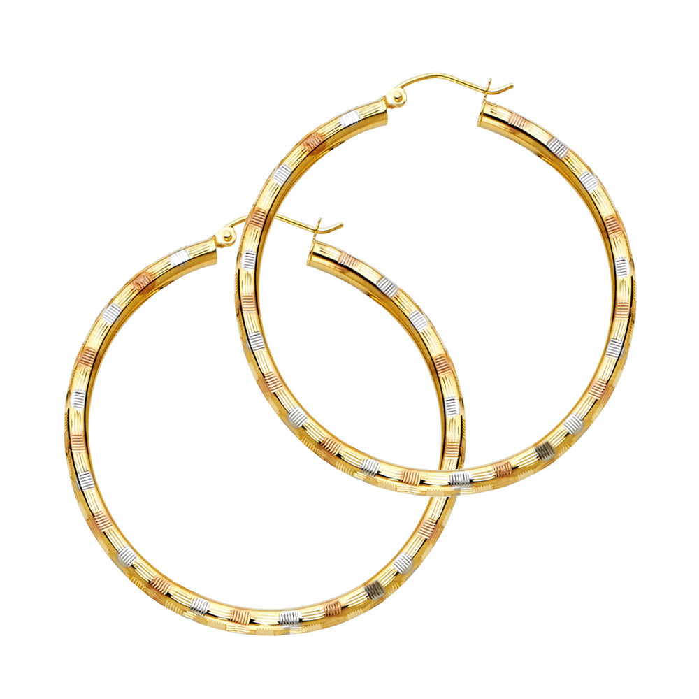 Tricolor Spark – 14K Gold Diamond-Cut Hoops | 35mm