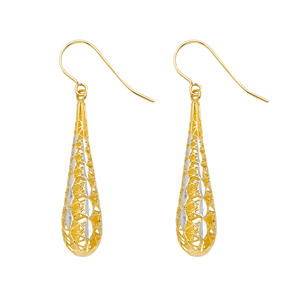 Aretes colgantes en forma de lágrima de dos tonos de oro macizo de 14 k