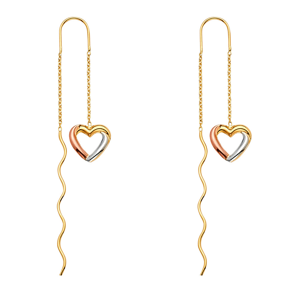 14k gold 3 color heart hanging earrings