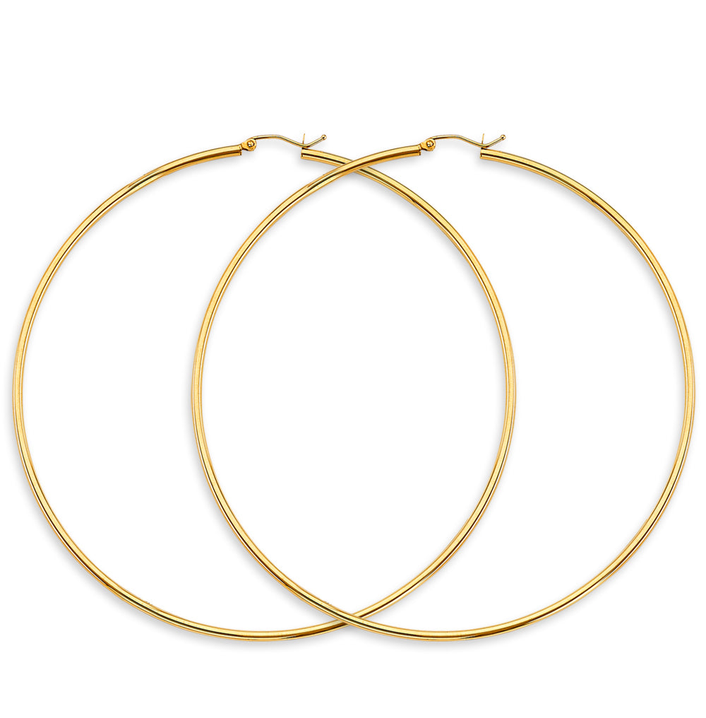 14K Gold 3.5" Round Tube Hoop Earrings