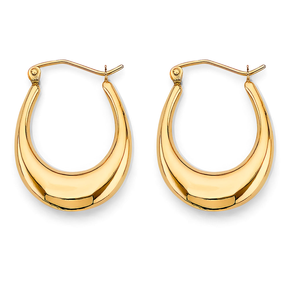 A stock photo showing a model wearing similar polished hoop earrings. The earrings should be visible from a side view, showcasing their size and style. The model should exude a trendy, modern look, matching the vibe of the earrings