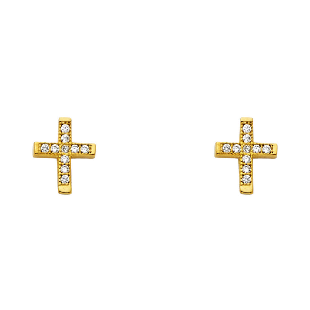 14k solid gold petite cross cz earrings