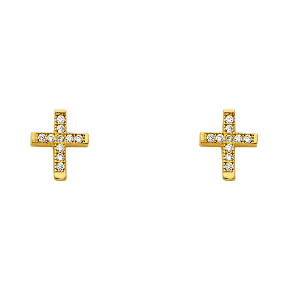 14K Solid Gold Petite Cross CZ Earrings