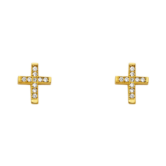 14K Solid Gold Petite Cross CZ Earrings